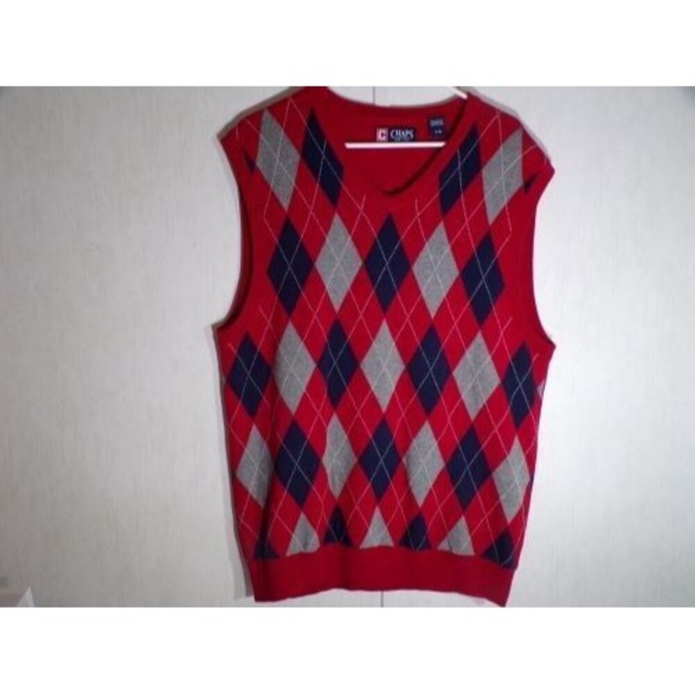 Chaps Men V Neck Argyle Sweater Vest Large Red Blue Grey 100% Cotton Golf Preppy